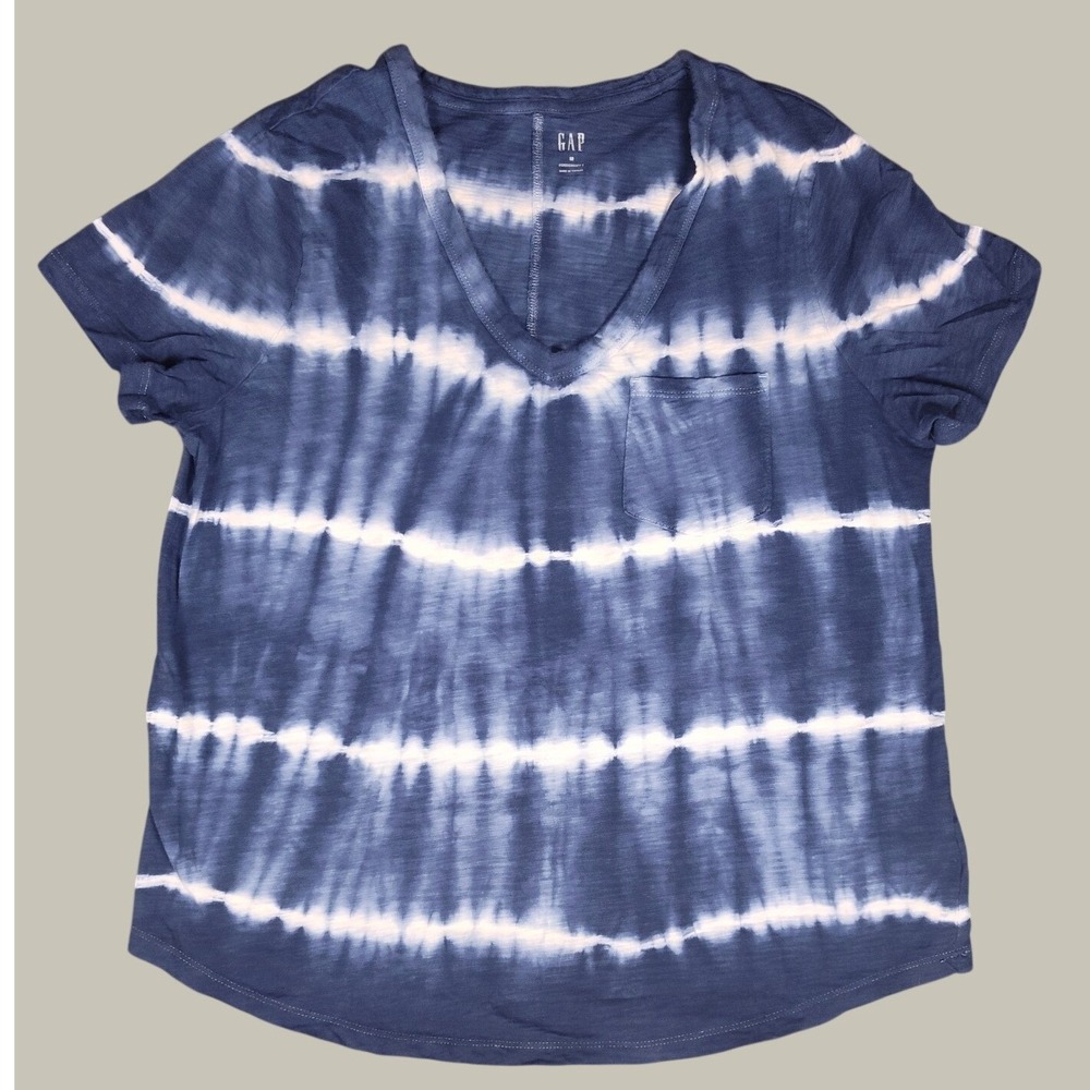 Gap ForeverSoft Blue White Tie Dye V-Neck Pocket T-Shirt Womens Size M